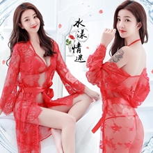 水漾情迷！三點式輕透裸肌細膩蕾絲睡袍組﹝紅﹞
