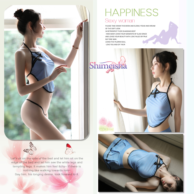 《SHIMEISHA》嫵媚金釵!薄透綁脖網紗肚兜款睡衣﹝藍﹞-商品詳細圖-2
