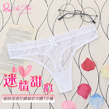 迷情甜心！網紗滾邊交錯條紋中腰T字褲﹝白﹞