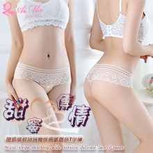 甜蜜傳情！腰際條紋拼接寬版細膩蕾絲T字褲﹝膚﹞