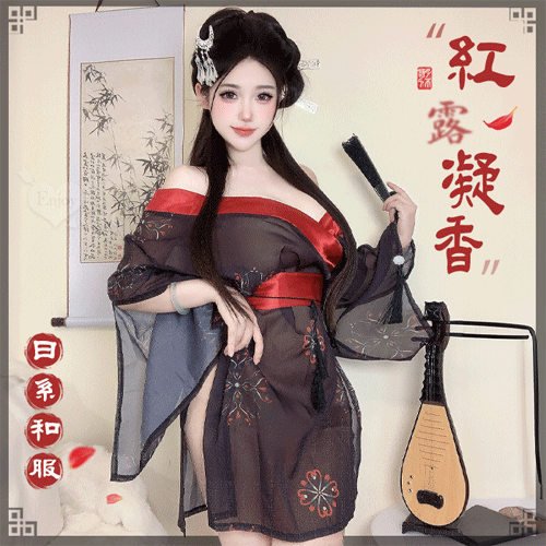 情趣和服！低領美肩日系緞面拼接薄透雪紡印花側高衩三件組