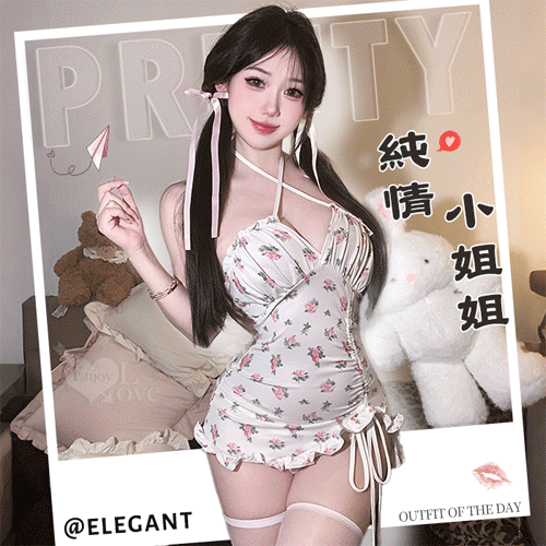 情趣睡衣！少女風交叉綁脖荷葉邊側抽繩玫瑰連身裙含襪三件組