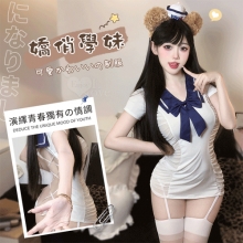 學生角色扮演服！後背交叉綁帶鏤空側腰抽褶薄紗翻領連身裙四件式套裝