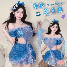 美人魚角色扮演服!扭結珠鍊飾胸薄紗連結鏤空纖腰澎澎亮片連身裙三件組