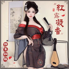 情趣和服！低領美肩日系緞面拼接薄透雪紡印花側高衩三件組