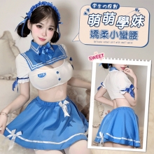 學生角色扮演服!水手領蝴蝶結綴飾藍白配色短上衣俏皮圓裙六件式套装