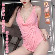 情趣睡衣!堆堆領露胸輕薄透紗綁脖後裸空繫帶兩件組﹝粉﹞