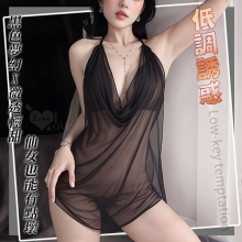 情趣睡衣!堆堆領露胸輕薄透紗綁脖後裸空繫帶兩件組﹝黑﹞