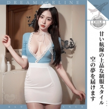 空姐角色扮演服!蕾絲花邊拼接薄紗爆乳包臀連身裙三件組﹝藍﹞