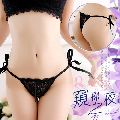 窺探之夜!誘人側綁帶蕾絲丁字褲﹝黑﹞【買即送購物禮】