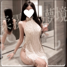 情趣夜店派對服！削肩綁脖耀眼流蘇裸背側開衩性感連身裙兩件組﹝杏﹞