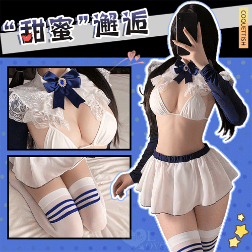 「學院藍絲」蕾絲立領比基尼 × 透紗露臀小短裙 裸背含襪三件組