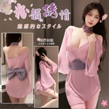 情趣和服|粉韻薄紗 × 日系寬袖 × 蝴蝶結珠光鍛面腰封|側綁帶露胸連身裙四件式套裝