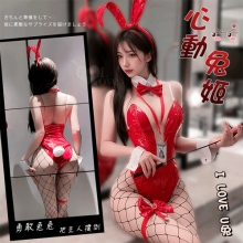 魅紅兔女郎派對|亮面質感 × 性感網襪・側開拉鍊連身衣七件式套裝