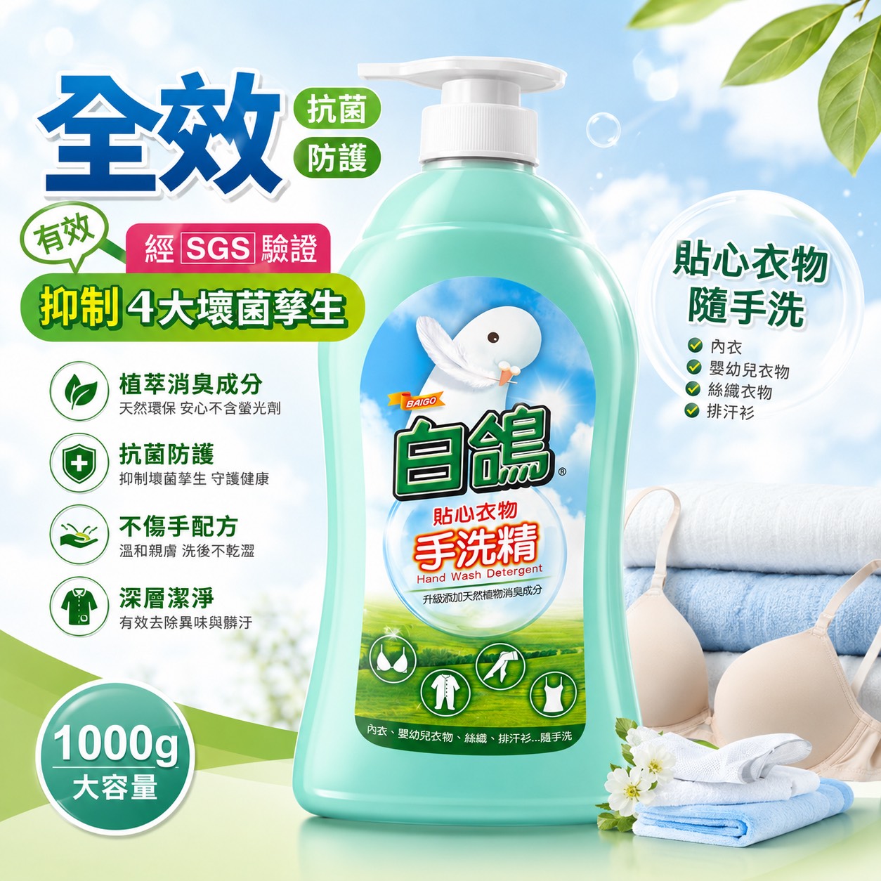 白鴿貼心衣物手洗精1000g